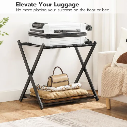 Vista 8 de HOOBRO Portaequipajes plegable, soporte para maleta con estante de almacenamiento de madera, soporta hasta 110 libras, 27.2 x 15.7 x 24 pulgadas