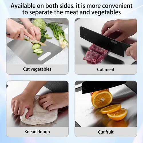 Vista 2 de Tabla de cortar de acero inoxidable 304, tabla de cortar de acero inoxidable de doble cara para cocina, apta para lavavajillas, ideal para cortar