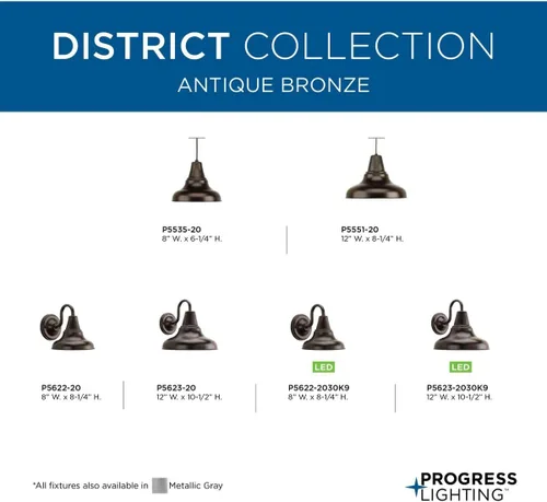 Vista 8 de Progress Lighting District LED Collection - Farol de pared mediana para exteriores, bronce envejecido, pantalla de metal blanco pintado, 1 luz