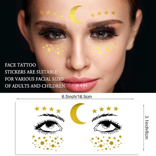 Vista 2 de 1 hoja de tatuajes faciales temporales metálicos dorados, luna celestial, estrella, pecas sintéticas, calcomanías de maquillaje, impermeables