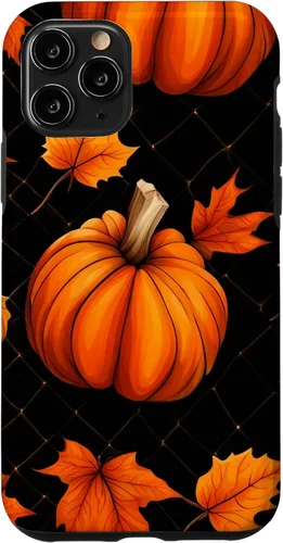 Vista 10 de iPhone 14 calabazas negro y naranja cuadros otoño hojas otoño Halloween caso