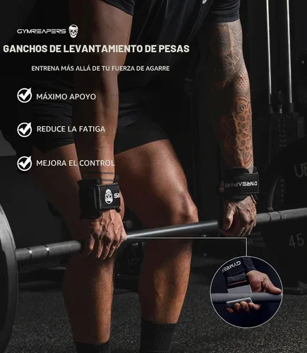 Vista 6 de Ganchos para levantamiento de pesas Gymreapers (par), correas de muñeca de potencia resistentes con soporte de agarre para la mano