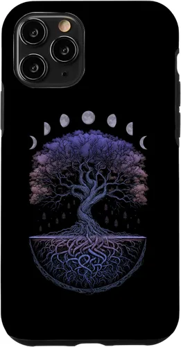 Vista 28 de Funda para iPhone 11 Pro Max Yggdrasil nórdico árbol de la vida vikinga fases de la luna