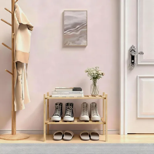 Vista 5 de Zapatero pequeño, organizador multiusos de 2 niveles, estantes pequeños de bambú para zapatos, plantas, libros, sala de estar, pasillo, dormitorio