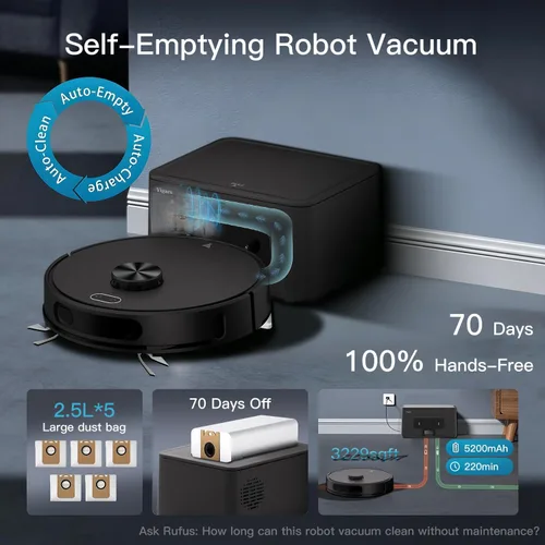 Vista 2 de Combo de aspiradora y trapeador robot, succión de hasta 8000 Pa, robot aspirador autovaciado, limpieza manos libres de 70 días, navegación LiDAR