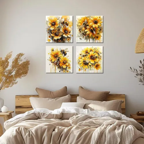 Vista 101 de Wall HDQ Arte de pared de flores para baño, dormitorio, sala de estar, decoración de pared azul y naranja, pintura floral, lienzo impreso, imagen