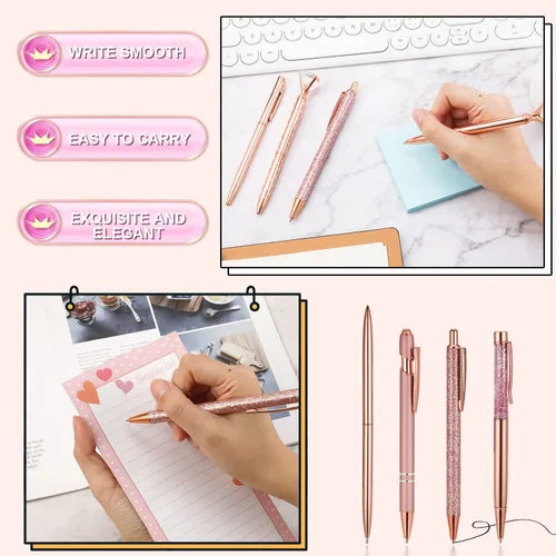 Vista 4 de SAVITA 7 bolígrafos de oro rosa, cristal de metal, punta fina, tinta negra, diseño de lujo, unisex, HB, escritura, boda, hogar, escuela, suministros