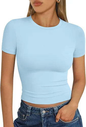 Vista 28 de Trendy Queen - Camisetas básicas para mujer, camisetas de verano 2025, de manga corta, ajustadas, para gimnasio, entrenamiento, ropa estilo Y2K