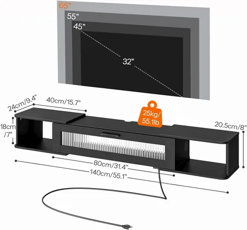 Vista 3 de HOOBRO Soporte de TV flotante con luz LED y toma de corriente para televisores de hasta 65 pulgadas, estante de TV montado en la pared, consola