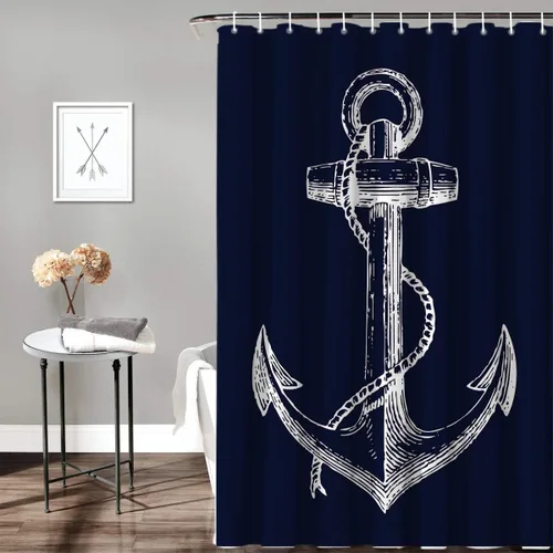 Vista 6 de Cortina de ducha náutica personalizada con ancla azul marino, 70 x 72 pulgadas