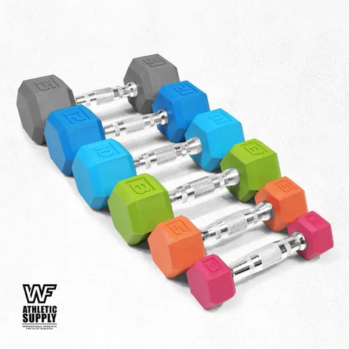 Vista 4 de WF Athletic Supply Mancuernas hexagonales con revestimiento de goma Black & COLOR con mango cromado contorneado, entrenamiento de cuerpo completo