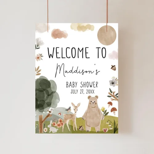 Vista 10 de Cartel de bienvenida de baby shower, cartel de bienvenida editable con texto en inglés "It's a Girl Woodland", letrero de bienvenida de baby shower