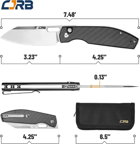 Vista 2 de CJRB CUTLERY Cuchillo de bolsillo Ekko (1929) Cuchillo plegable para hombres AR-RPM9 hoja de acero y mango de fibra de carbono negro para trabajo al