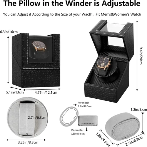 Vista 5 de Automatic Single Watch Winder with Quiet Japanese Motor,AC Adapter or Battery Powered,Premium Leather Exterior and Soft Flexible Watch Pillows for