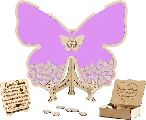 Vista 14 de Libro de invitados de boda de mariposa personalizado con corazones de madera, borde de madera personalizado, ideas alternativas, libro de invitados