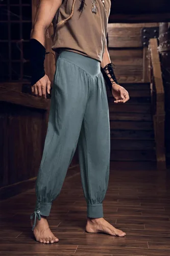 Vista 3 de Pantalones de tobillo medievales para hombre, disfraz de pirata vikingo, renacentista, con cordones, con bandas cónicas