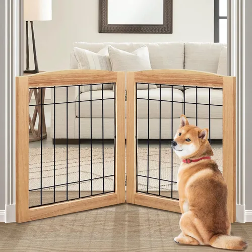 Vista 18 de LZRS Puerta plegable independiente de madera para perros de 2 paneles, madera maciza y alambre de acero, barrera para mascotas resistente a