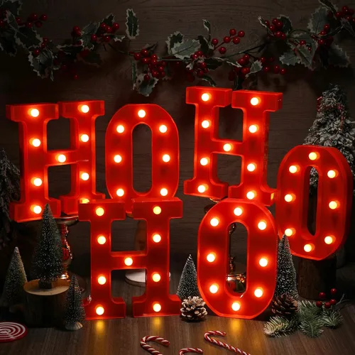 Vista 3 de 6 piezas de decoración de centro de mesa de Navidad con luces LED, letras iluminadas, señal de Ho Ho, decoración de mesa de Navidad para centro