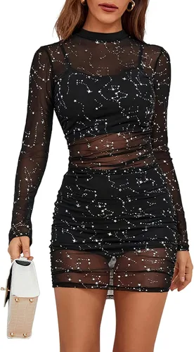 Vista 4 de LYANER Vestido de malla para mujer, manga larga, ajustado, 3 piezas, con pantalones cortos