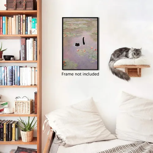 Vista 7 de CAXIYSH Arte de pared de gato negro Monet, póster de lirios acuáticos, vintage, divertido, floral, gato, lienzo, pinturas famosas, impresiones