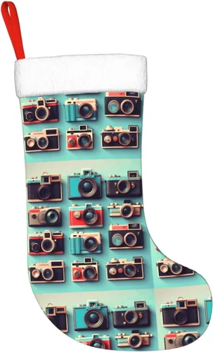 Vista 4 de Retro Cool Camera Collection Print Christmas Stocking, Christmas Tree Decor Stocking, Flannel Cuff With Hanging Ribbonâ€‹