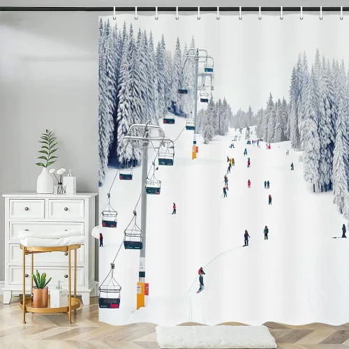 Vista 3 de NYMB Cortina de ducha deportiva, para invierno, vacaciones, viajes, nieve, esquí, teleférico, tela de poliéster, para baño, juego de accesorios