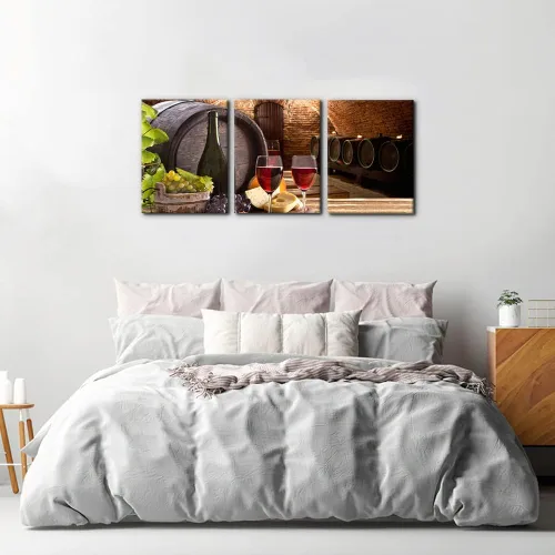 Vista 3 de Arte de pared para cocina, bodega de vino tinto, barriles de madera y uvas de frutas, pintura para sala de estar, lienzo de 3 paneles, decoración
