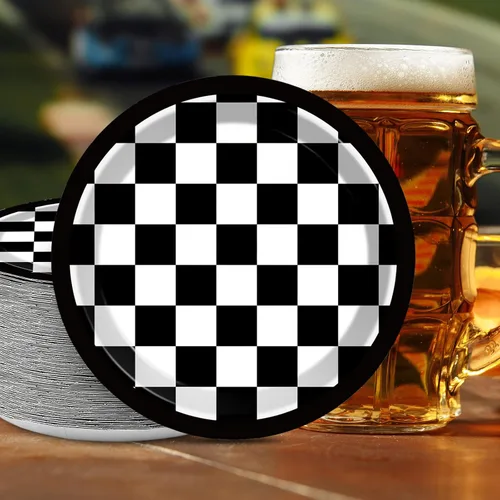 Vista 4 de 48 platos de papel de fiesta con bandera a cuadros en blanco y negro para suministros de fiesta de autos de carreras de 7 pulgadas, platos de postre