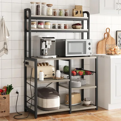 Vista 8 de IDEALHOUSE Estante para panaderos con toma de corriente, barra de café con cajón de alambre, soporte industrial para microondas, mesa de buffet