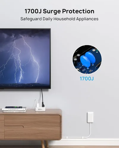 Vista 5 de TROND - Tira de alimentación con cubierta de toma, cable de extensión plano corto de 3 pies con 8 tomas de CA y 4 puertos USB, 13A/1625W, protector