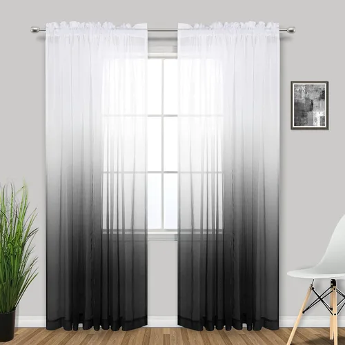 Vista 11 de KOUFALL Cortinas de ventana de baño para ducha, juego de 2 paneles de cortinas cortas transparentes en blanco y negro para cocina, dormitorio