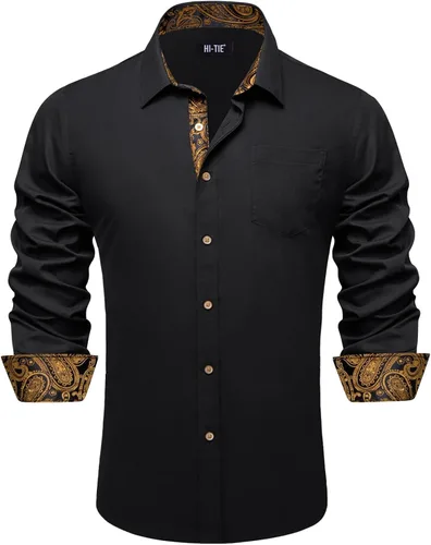 Vista 45 de Hi-Tie Camisa de manga larga jacquard con contraste interior sin arrugas para hombre