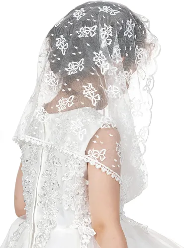 Vista 5 de PAMOR Velos infinitos de primera comunión para niñas velo capilla de encaje velo de mantilla velos de iglesia latina para bautismo católico Blanco B