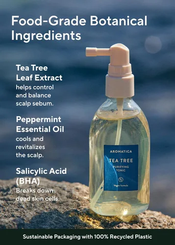 Vista 5 de AROMATICA Tónico purificador de árbol de té, parabenos, silicona, sin sulfato, vegano, tónico calmante y refrescante para el tratamiento del cuero