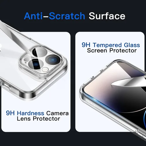 Vista 6 de JETech Funda 5 en 1 para iPhone 14 Pro Max, antiamarilleo, transparente 2 protectores de pantalla de vidrio templado, 2 protectores de lente