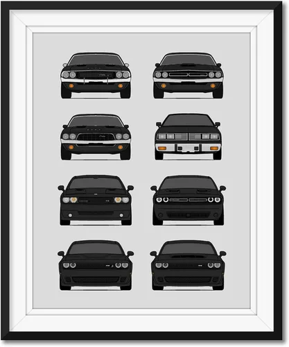 Vista 19 de Custom Car Posters Póster hecho a mano compatible con Dodge Challenger Generations e impresión de Challenger SRT, multicolor, impresión metálica