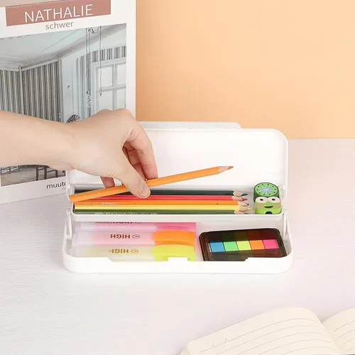 Vista 2 de BTSKY Little Duck Caja de lápices de plástico de doble capa, organizador de caja de plástico con tamaño compacto para lápices, borradores, clips