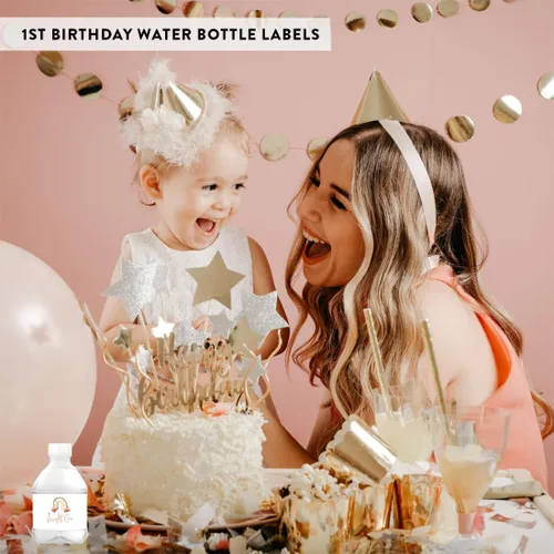 Vista 5 de Andaz Press Etiquetas impermeables para botellas de agua de primer cumpleaños con diseño de arco iris bohemio, envolturas brillantes para botellas