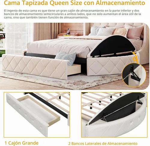 Vista 4 de Bellemave Cama de plataforma tapizada de terciopelo con almacenamiento, marco de cama tamaño Queen con cabecero, 1 cajón grande y 2 taburetes