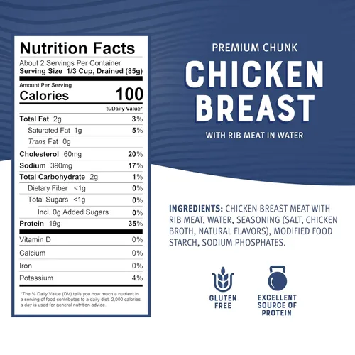 Vista 2 de Bumble Bee Pechuga de Pollo Premium con Carne de Costilla, Trozos en Agua, Lata de 10 oz - 19g de Proteína por Porción - Sin Gluten, Apto para Keto