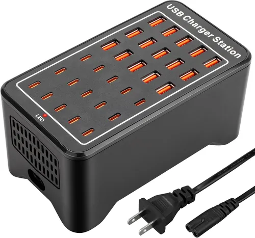 Vista 8 de Bloque de Cargador USB C, 125W (25A) 25 Puertos (15 USB A y 10 USB C) Estación de Carga Múltiple, Cargador de Pared de Escritorio Compatible