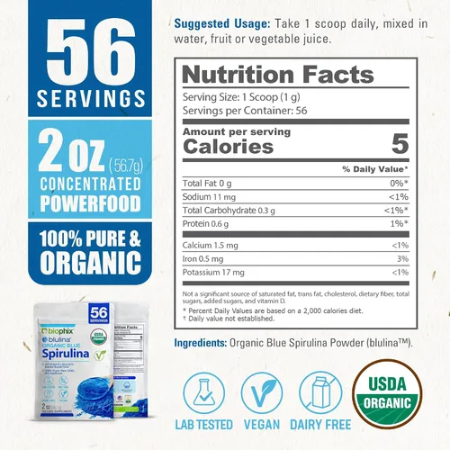 Vista 5 de biophix Blue Spirulina en polvo orgánico Blulina 2 onzas – Algas espirulina orgánica en polvo 56 porciones – Suplemento superalimenticio – Pigmento