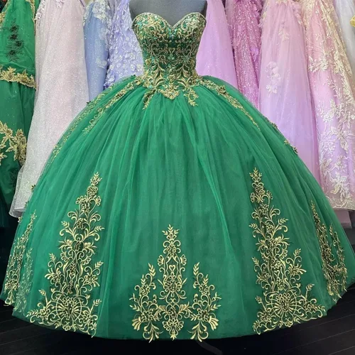 Vista 3 de Vestido de fiesta de quinceañera bordado dorado vestido de baile de novia vestido de satén hasta el suelo corsé 2023