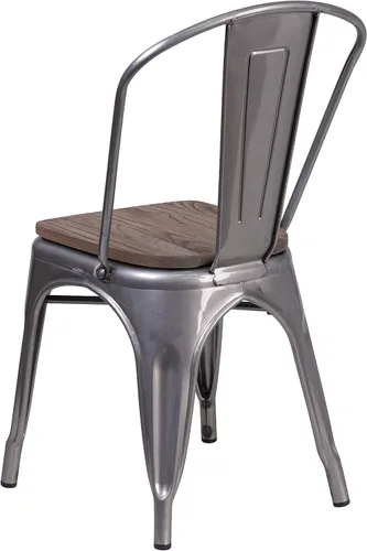 Vista 8 de Merrick Lane Silla de comedor apilable con respaldo de listones verticales de metal, marco recubierto transparente, asiento de madera de olmo