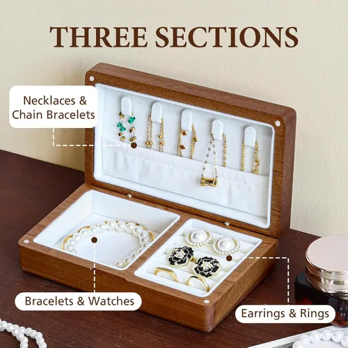 Vista 3 de LadyRosian Joyero pequeño de madera Mini joyero de viaje de madera, organizador portátil para anillos, aretes, collares y pulseras, almacenamiento