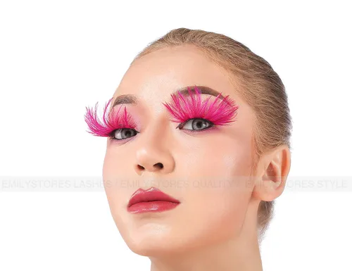 Vista 5 de EMILYSTORES - Pestañas para disfraz de plumas sintéticas rosas para Halloween, pestañas dramáticas, aspecto de fiesta, 1 par