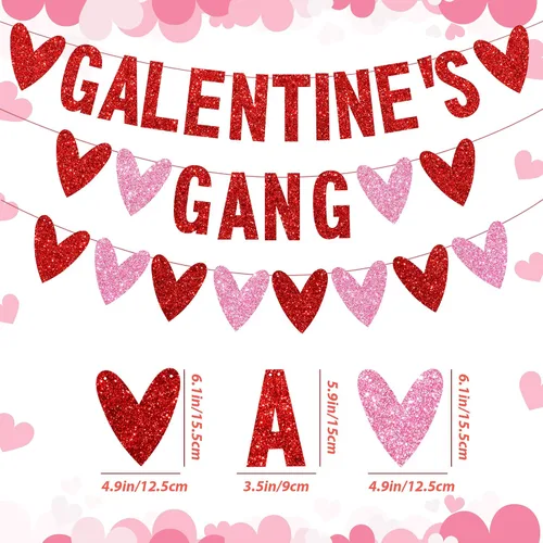 Vista 2 de 3 piezas de decoración del día de los galentinos, pancarta con purpurina de la banda de Galentine con guirnalda de corazón de amor, decoración