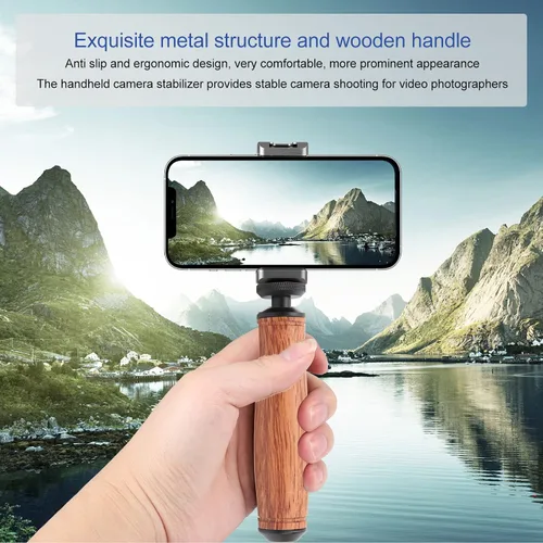 Vista 2 de Mango de madera para cámara, agujero universal de tornillos de 1/4 pulgadas, diseño de madera de pera, para cámara, lámpara de video LED, teléfono