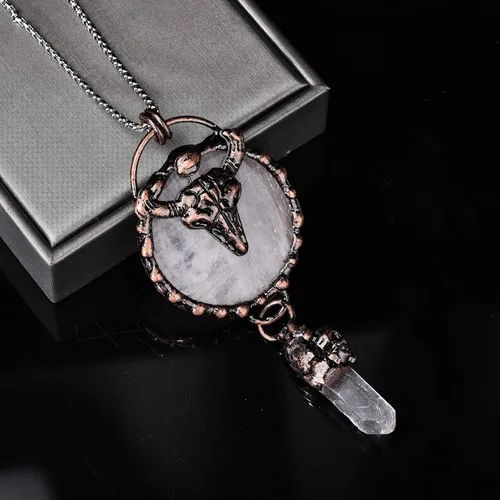Vista 2 de ZPMMPZ Collar con colgante de cristal rosa, collar de piedras curativas de cobre, collar con colgante de piedras preciosas naturales, regalo