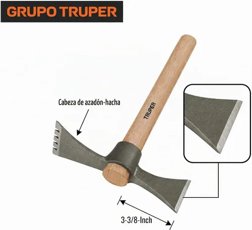 Vista 4 de Truper Herramienta Mattock-Axe, cabeza de acero cromado 5160 forjado de 20 onzas con cincel de 3-3/8 pulgadas, longitud total de 14 pulgadas, mango
